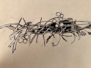 Here it is again that bundle of twigs of both ash and oak and acacia, but now it is a picture on paper, but in between the twigs the paper has been cut out, and we can see though the spaces between the twigs and we see black. Maybe it is dark when we peak between the twigs of the nest of the raven who watches over the universe, maybe there isn't enough light to see, maybe when the universe springs into being there will not be light. I know? Shall I tell you that also? I think not. You will find out late. But doesn't that black look soft and welcoming and warm?
But now we see the ends of the twigs on the left, they are broken and white, bone white, they are no longer twigs, but they are bone. Is it cold old dead brittle bone to make a nest pokey and uncomfortable and for little wolves to chew on? Is it fresh bone, young and spry and with plenty of bends, waiting to be alive, again. You can guess, I know you know. Or you can ask a rabbit, or a hare, the one that is not in my pot. But the rabbit might play a trick on you and not tell true, and the bunny rabbit might play a trick on me and not be in my pot. So much for the bones though, whose ever they are, they in my pot. If you ask just right, you can always ask the bones you know. Do they tell true? It depends who is asking, doesn't it?
The little seeds are barley and wheat, sprigs and leaves and seeds, but now they are feathers as black as a raven's wings, soft as silk are those feathers. Are the raven's feathers to feather the nest for her own rest? Or are they feathers of a raven before, who is not in this story. Perhaps a raven that is resting evermore?
That's a good question to ask, but you cannot ask Raven you know, because this world is silent and there are no words for her to hear. Raven sits and raven waits, and questions about her feathers will have to wait also.